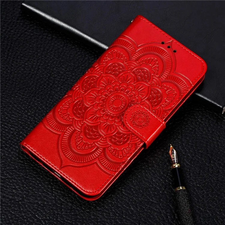 Imprint Mandala Flower Leather Wallet Case for OnePlus 7 Pro - Red