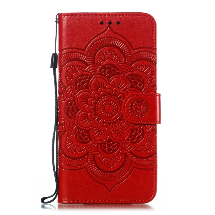 Imprint Mandala Flower Leather Wallet Case for OnePlus 7 Pro - Red