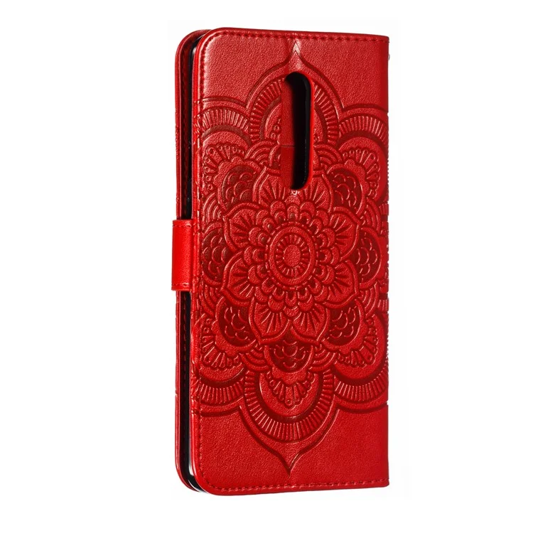 Imprint Mandala Flower Leather Wallet Case for OnePlus 7 Pro - Red