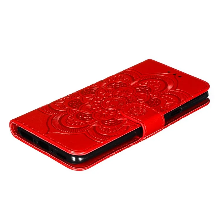 Imprint Mandala Flower Leather Wallet Case for OnePlus 7 Pro - Red