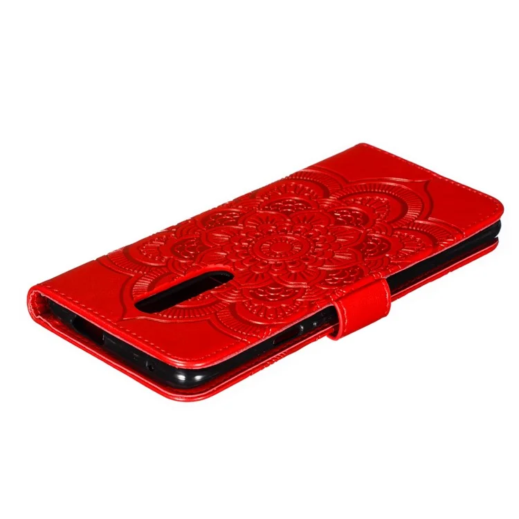 Imprint Mandala Flower Leather Wallet Case for OnePlus 7 Pro - Red