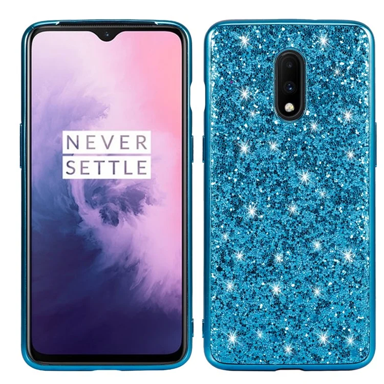 Glänzende Pailletten Galvanik-TPU-Rahmen + PC-Telefon Schutzhülle Für OnePlus 7 - Zyan