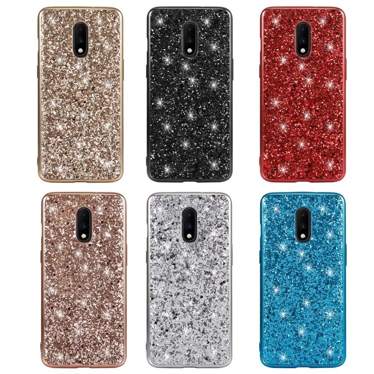 Shiny Sequins Electroplating TPU Frame+PC Phone Protective Case Cover for OnePlus 7 - Cyan