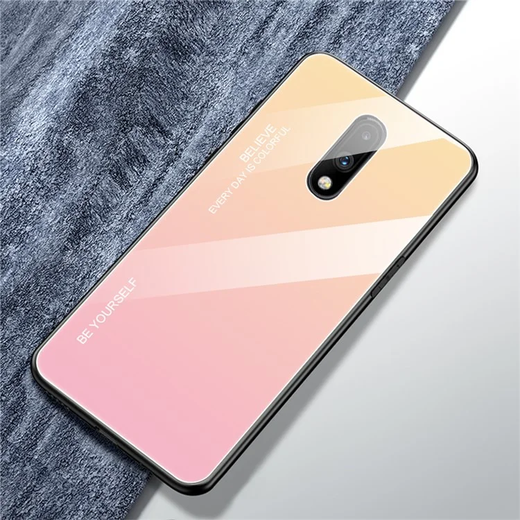 Gradiente de Vidrio de Color + Caja Híbrida TPU Para OnePlus 7 - Oro / Rosado