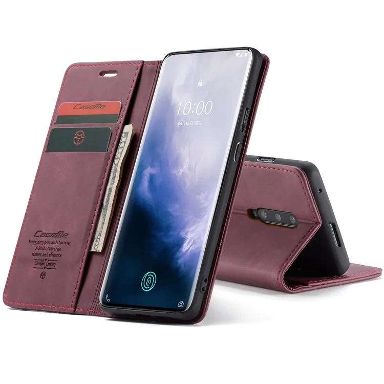 CASEME 013 Series for OnePlus 7 Pro Auto-absorbed Wallet Stand PU Leather Phone Cover - Wine Red