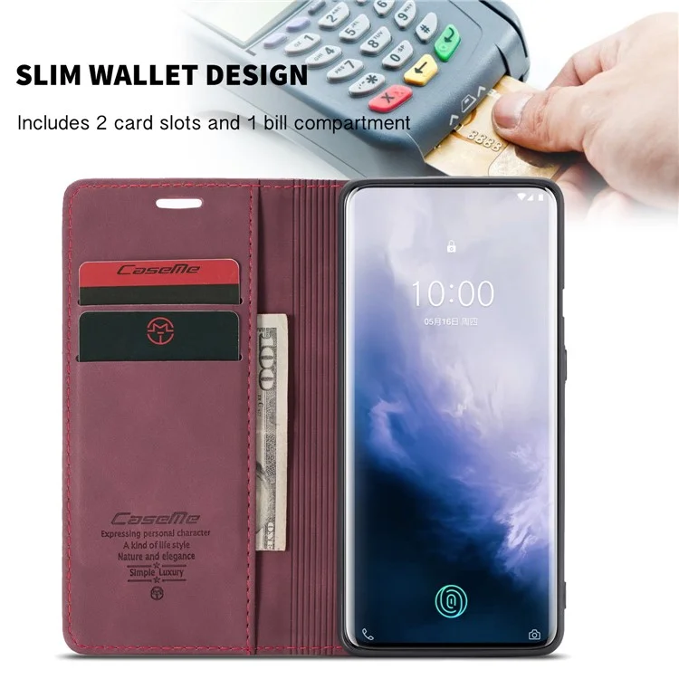 CASEME 013 Series for OnePlus 7 Pro Auto-absorbed Wallet Stand PU Leather Phone Cover - Wine Red