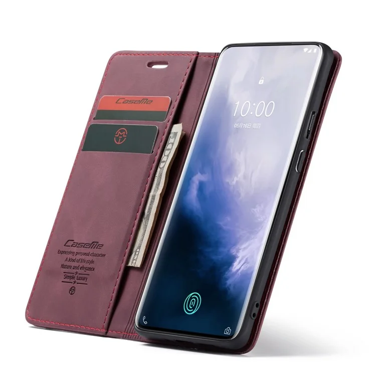 CASEME 013 Series for OnePlus 7 Pro Auto-absorbed Wallet Stand PU Leather Phone Cover - Wine Red