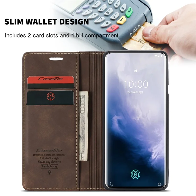 CASEME 013 Series for OnePlus 7 Pro Auto-absorbed Wallet Stand PU Leather Phone Cover - Coffee