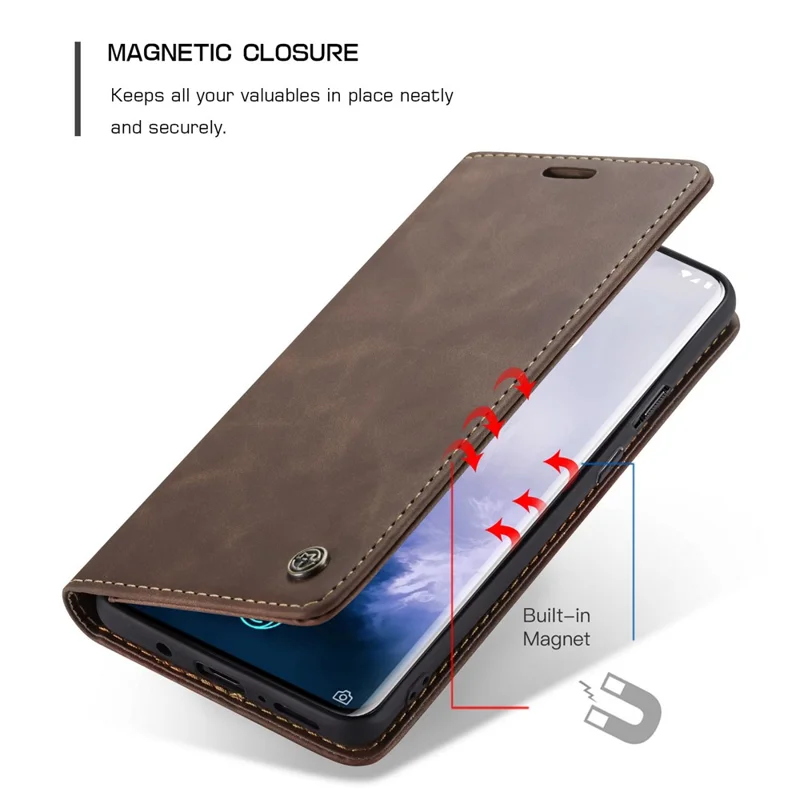 CASEME 013 Series for OnePlus 7 Pro Auto-absorbed Wallet Stand PU Leather Phone Cover - Coffee