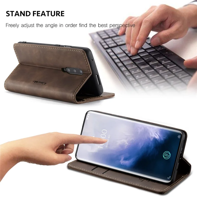 CASEME 013 Series for OnePlus 7 Pro Auto-absorbed Wallet Stand PU Leather Phone Cover - Coffee