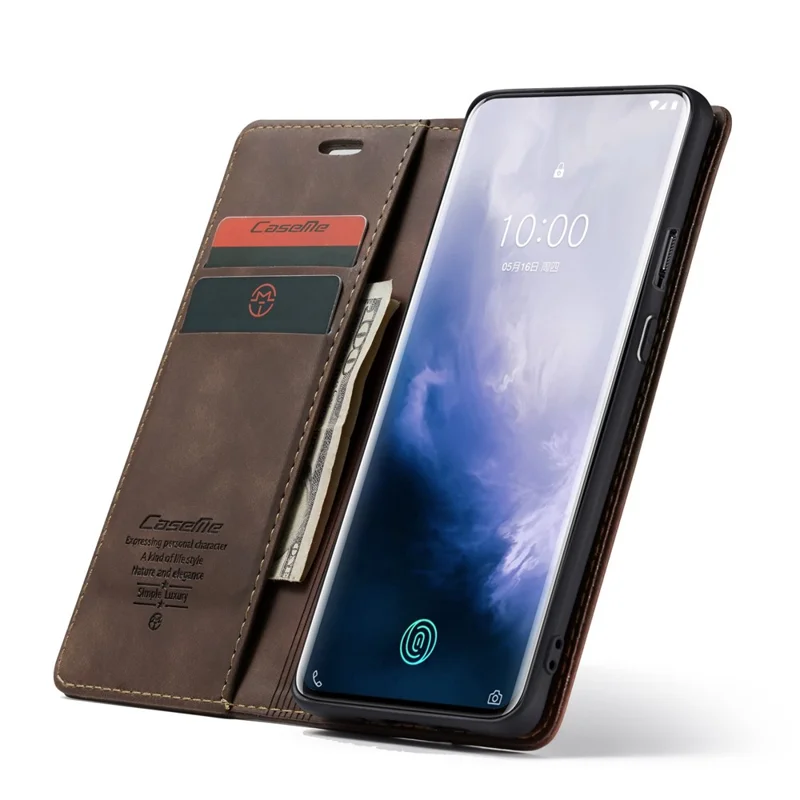 CASEME 013 Series for OnePlus 7 Pro Auto-absorbed Wallet Stand PU Leather Phone Cover - Coffee