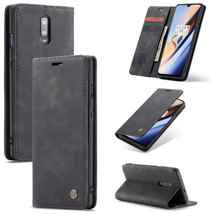 Caseme 013 Serie Auto-absorbiertes Leder-flip-brieftasche Für OnePlus 7 - Schwarz