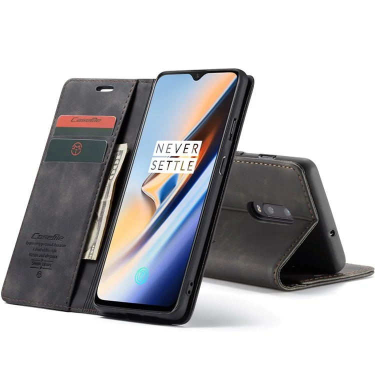 CASEME 013 Series Auto-absorbed Leather Flip Wallet Case for OnePlus 7 - Black