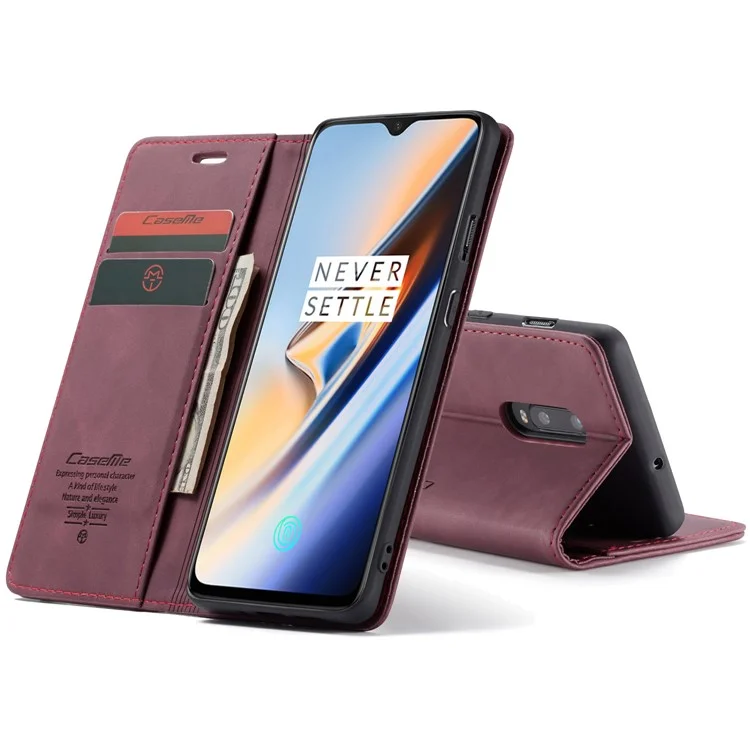CASEME 013 Series Auto-absorbed Leather Flip Wallet Case for OnePlus 7 - Wine Red