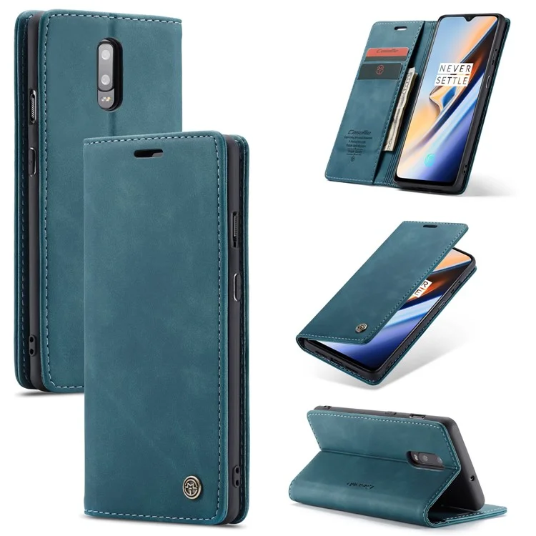 CASEME 013 Series Auto-absorbed Leather Flip Wallet Case for OnePlus 7 - Blue