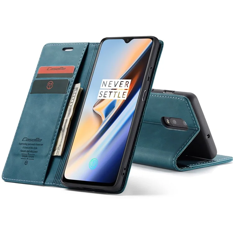 CASEME 013 Series Auto-absorbed Leather Flip Wallet Case for OnePlus 7 - Blue