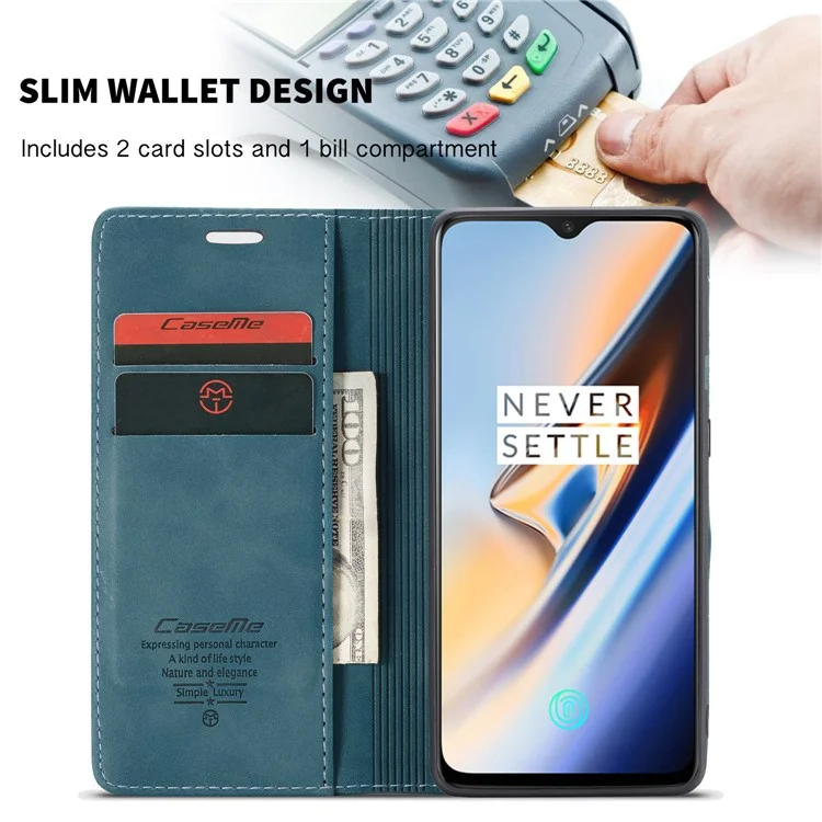 Caseme 013 Serie Auto-absorbiertes Leder-flip-brieftasche Für OnePlus 7 - Blau