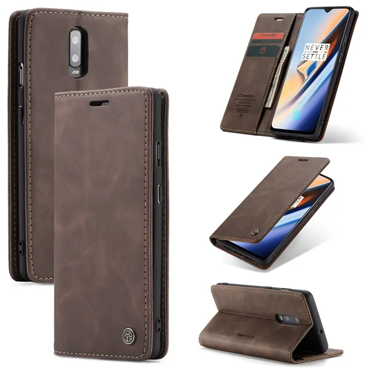 Caseme 013 Serie de Billetera de Cuero Absorbido Automáticamente Para OnePlus 7 - Café