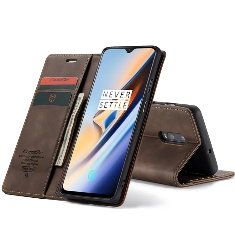 CASEME 013 Series Auto-absorbed Leather Flip Wallet Case for OnePlus 7 - Coffee