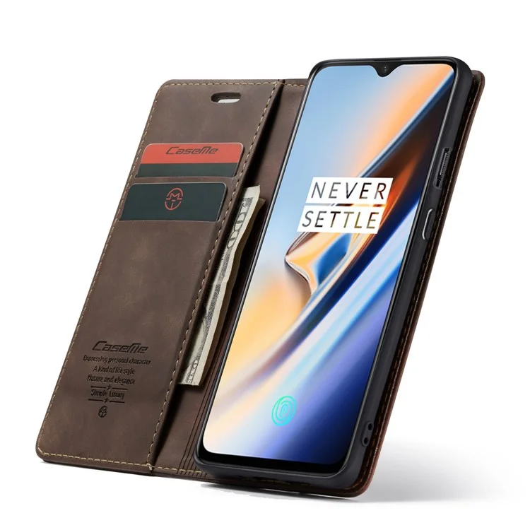 CASEME 013 Series Auto-absorbed Leather Flip Wallet Case for OnePlus 7 - Coffee