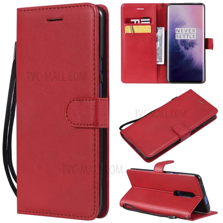 For OnePlus 7 Pro Case Solid Color Leather Mobile Cover Wallet Stand with Strap - Red