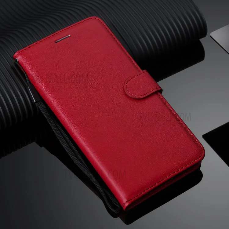 For OnePlus 7 Pro Case Solid Color Leather Mobile Cover Wallet Stand with Strap - Red
