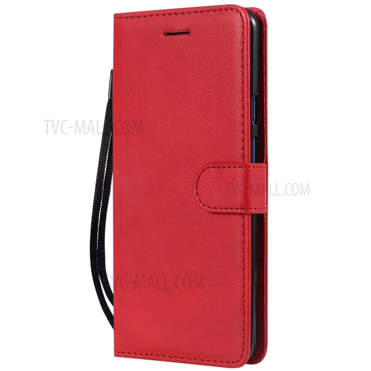 For OnePlus 7 Pro Case Solid Color Leather Mobile Cover Wallet Stand with Strap - Red
