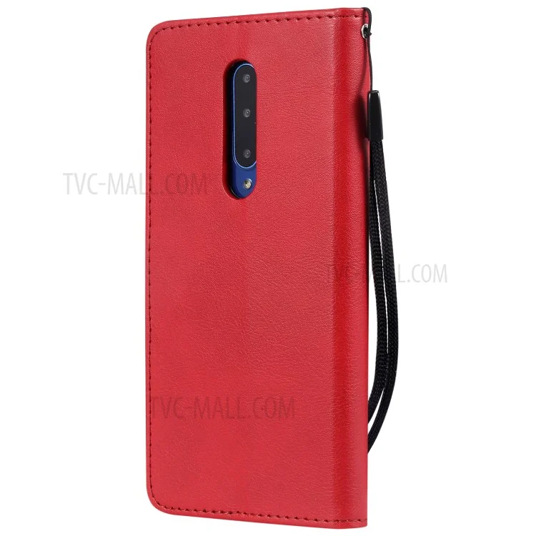 For OnePlus 7 Pro Case Solid Color Leather Mobile Cover Wallet Stand with Strap - Red