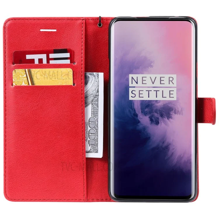 For OnePlus 7 Pro Case Solid Color Leather Mobile Cover Wallet Stand with Strap - Red