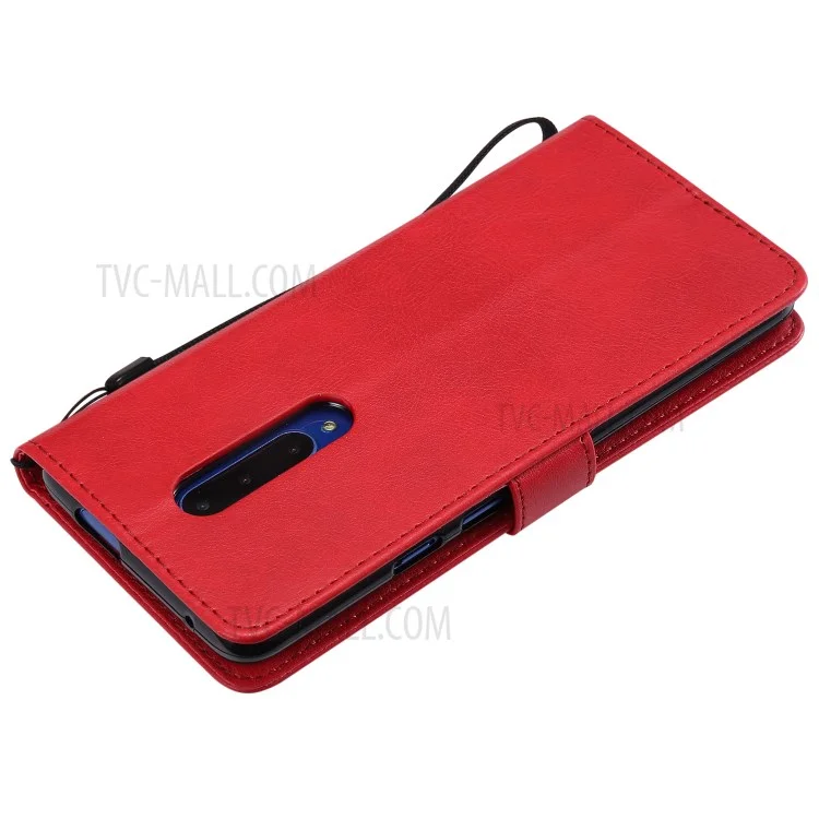 For OnePlus 7 Pro Case Solid Color Leather Mobile Cover Wallet Stand with Strap - Red