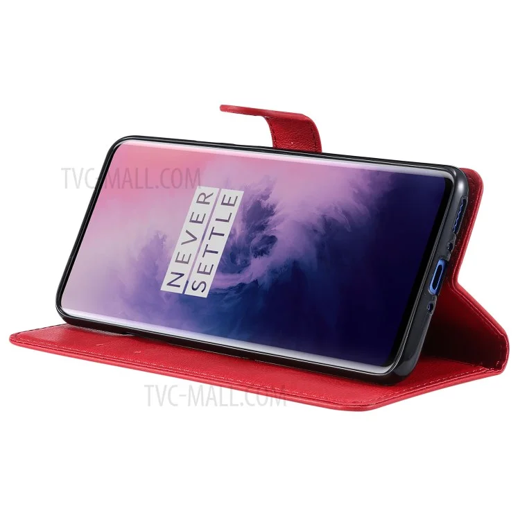 For OnePlus 7 Pro Case Solid Color Leather Mobile Cover Wallet Stand with Strap - Red
