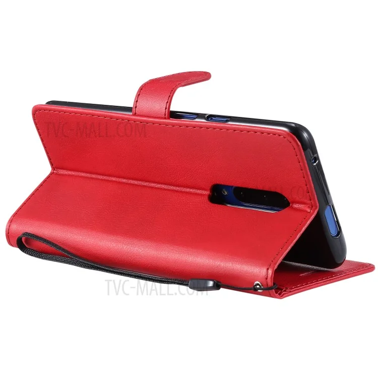 For OnePlus 7 Pro Case Solid Color Leather Mobile Cover Wallet Stand with Strap - Red