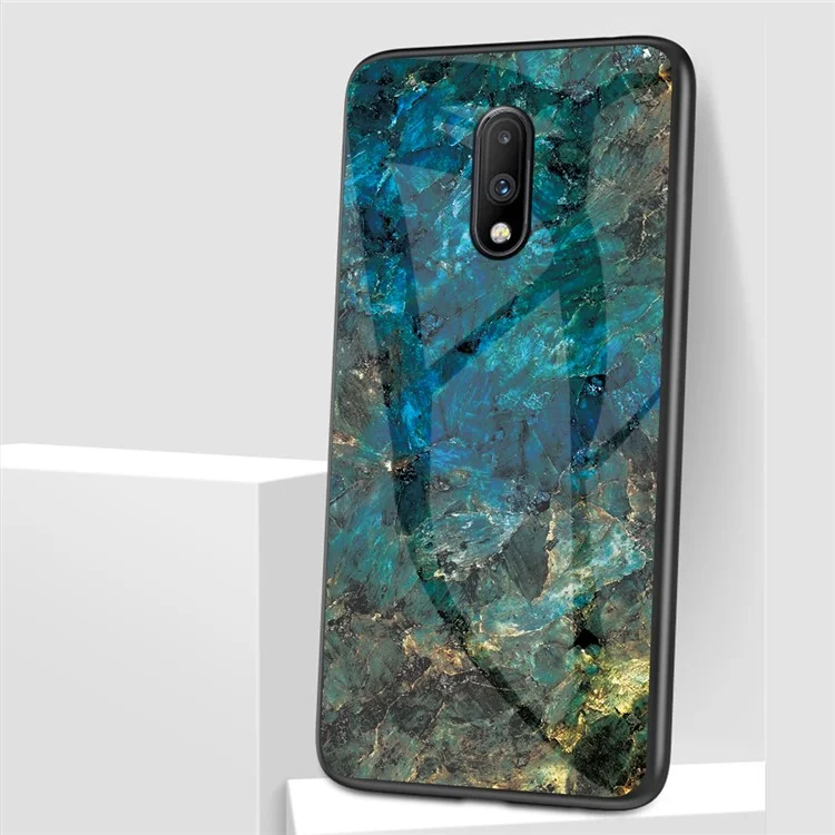 Estuche híbrido de vidrio templado con textura de mármol + PC + TPU para OnePlus 7 - Esmeralda