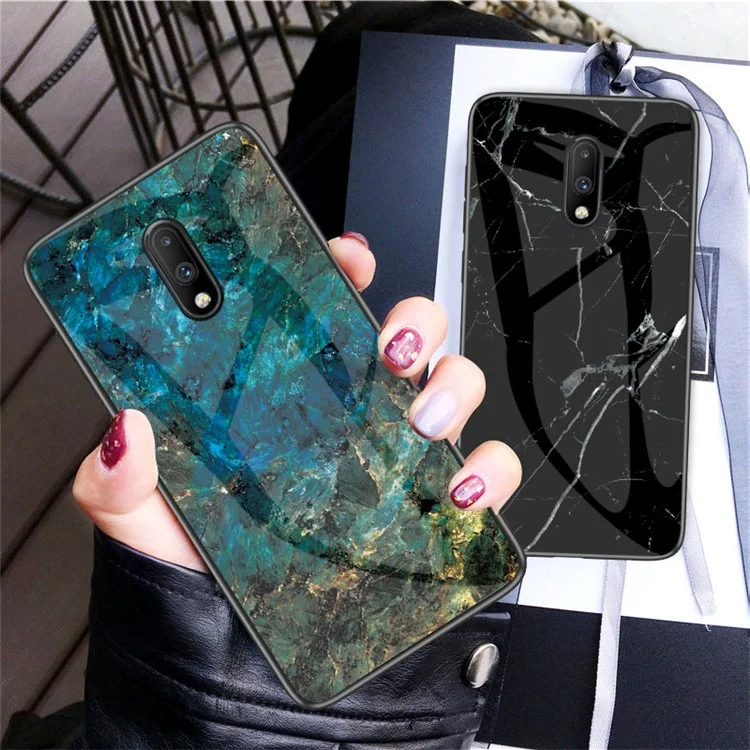 Estuche híbrido de vidrio templado con textura de mármol + PC + TPU para OnePlus 7 - Esmeralda