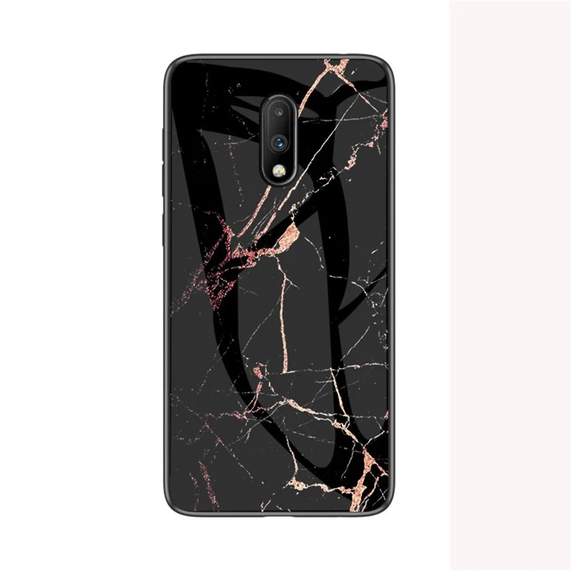 Marmeren Structuur Gehard Glas + PC + TPU Hybride Hoesje voor OnePlus 7 - Zwart / Goud