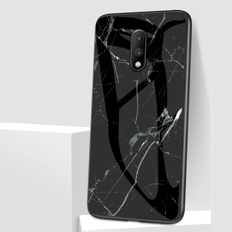 Marmerstruktur Hærdet Glas + PC + TPU Hybrid Case til OnePlus 7 - Sort