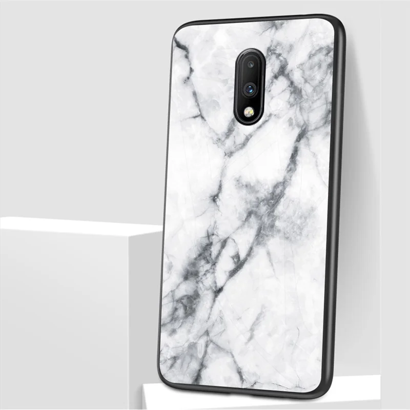 Marble Texture Tempered Glass + PC + TPU Hybrid Case for OnePlus 7 - White