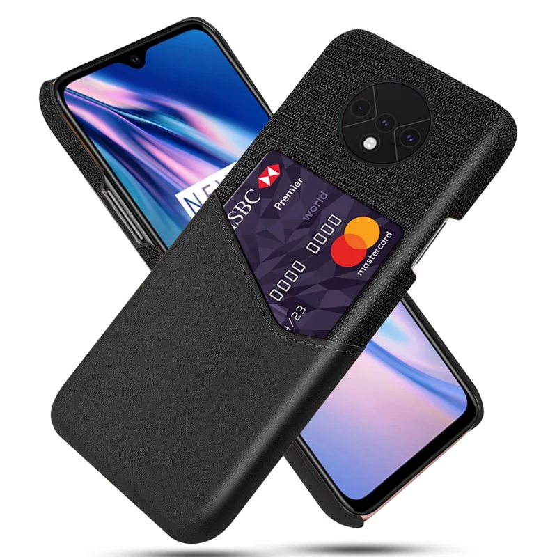 KSQ Cloth PU Leather Coated PC Back Case with Card Slot Phone Cover for OnePlus 7T - Black