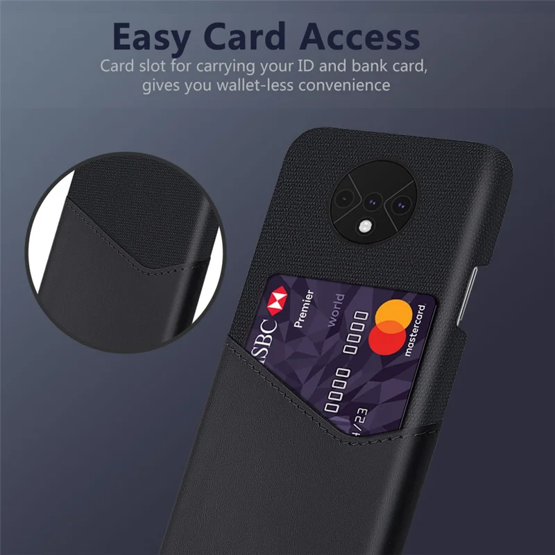 KSQ Cloth PU Leather Coated PC Back Case with Card Slot Phone Cover for OnePlus 7T - Black
