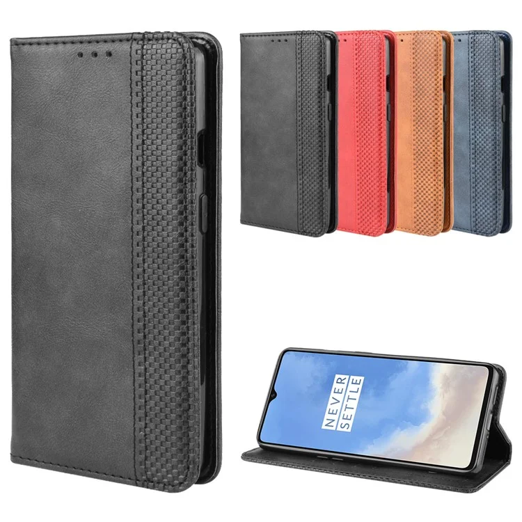 Capa de Telefone de Couro Estilosa e Retrô Absorvida Automaticamente para OnePlus 7T - Preta