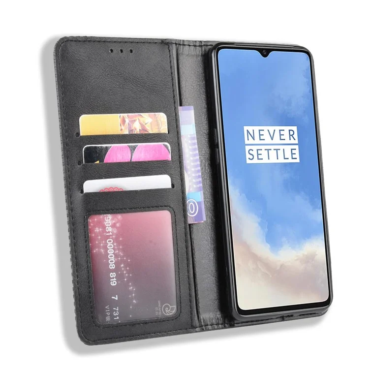Capa de Telefone de Couro Estilosa e Retrô Absorvida Automaticamente para OnePlus 7T - Preta