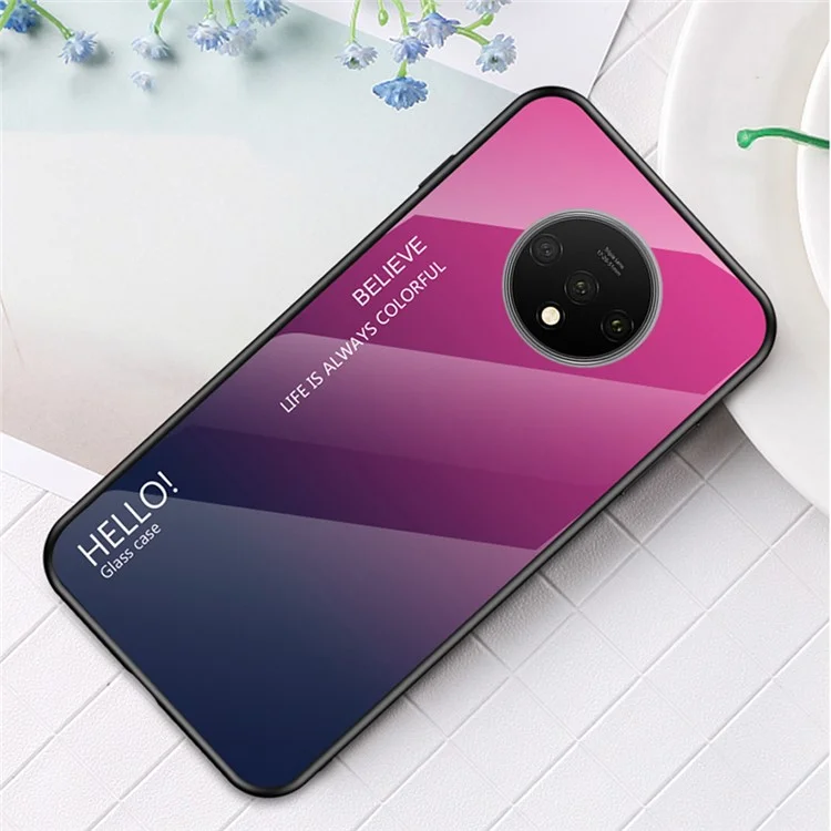 Para OnePlus 7T Gradient Color Tempered Glass PC TPU Hybrid Phone Case - Rose/Dark Blue