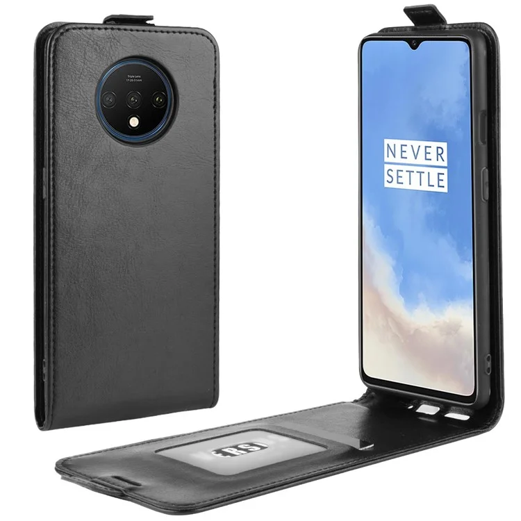 Casa de Couro Vertical de Cavalo Louco Com Slot de Cartão Para OnePlus 7T - Preto