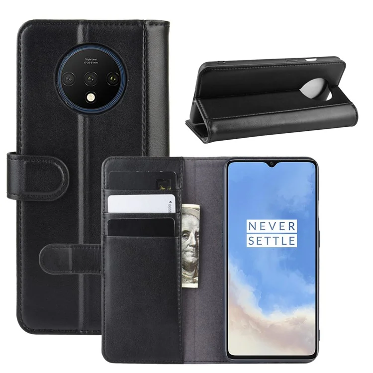 Genuine Split Leather Wallet Stand Protective Phone Cover for OnePlus 7T - Black