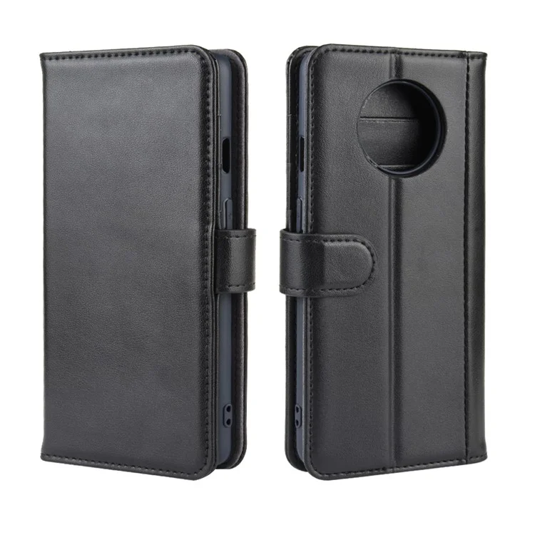 Genuine Split Leather Wallet Stand Protective Phone Cover for OnePlus 7T - Black