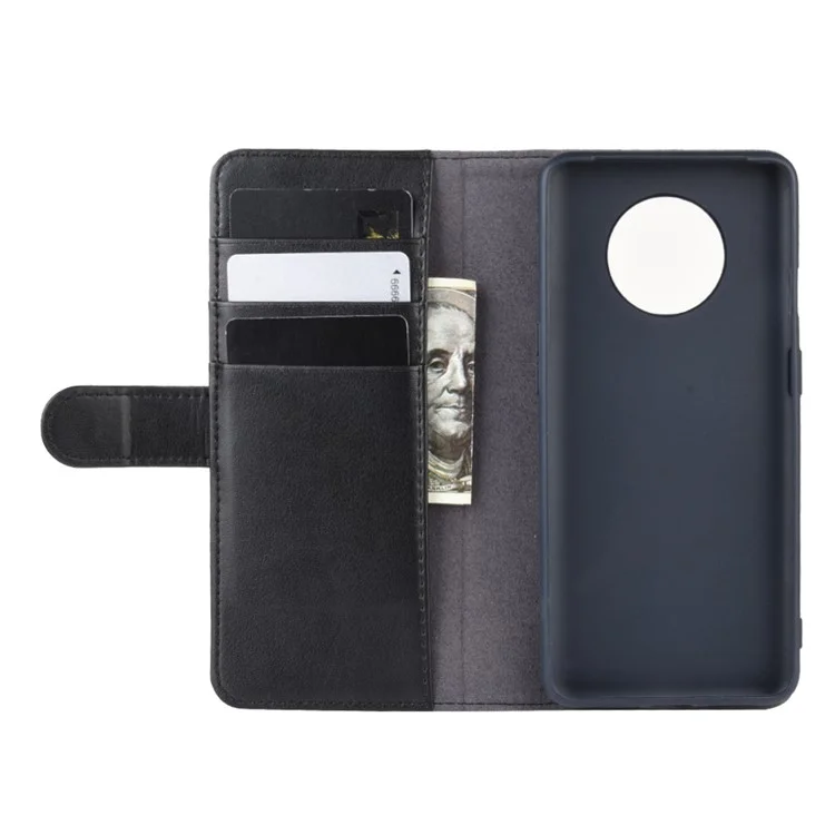 Genuine Split Leather Wallet Stand Protective Phone Cover for OnePlus 7T - Black