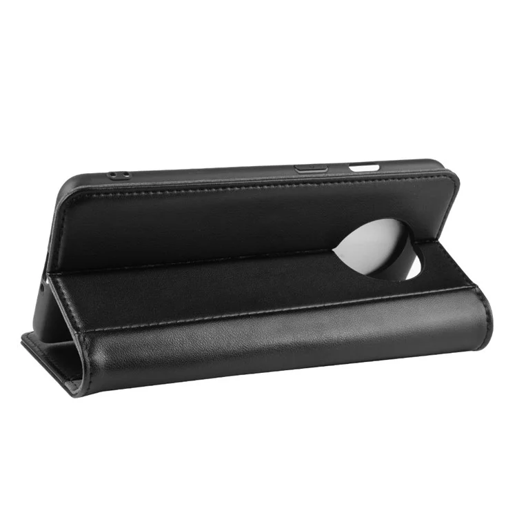 Genuine Split Leather Wallet Stand Protective Phone Cover for OnePlus 7T - Black