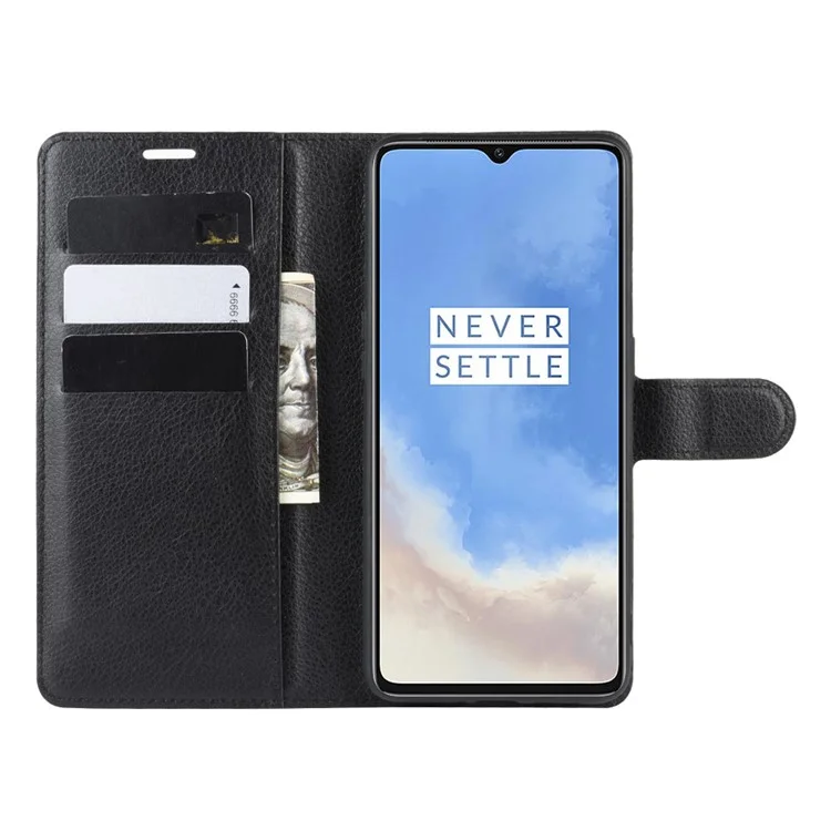 Couvercle de Téléphone en Cuir de Portefeuille à Grains Litchi Pour OnePlus 7T - le Noir