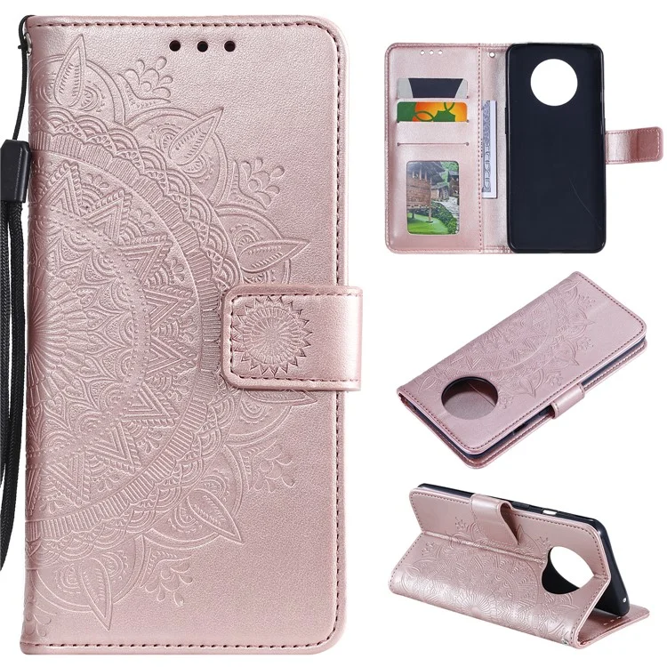 Imprint Flower Leather Wallet Phone Casing with Stand for OnePlus 7T - Rose Gold