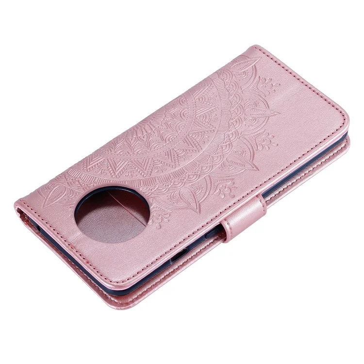 Impressão da Carteira de Couro de Flor Flor Case Com Stand Para Oneplus 7T - Rosa Ouro